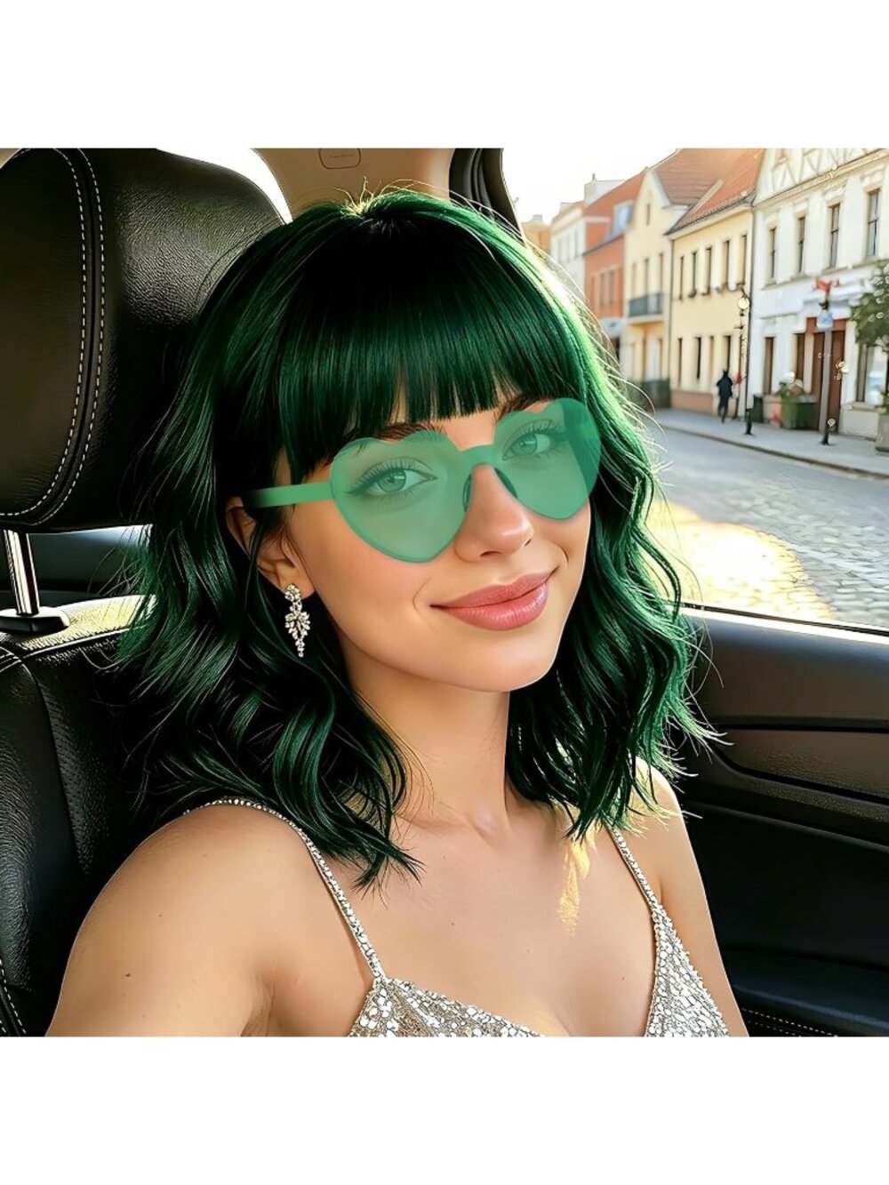 Women's Dark Green Curly Bob Synthetic Wigs Bangs With Neon Heart Sunglasses